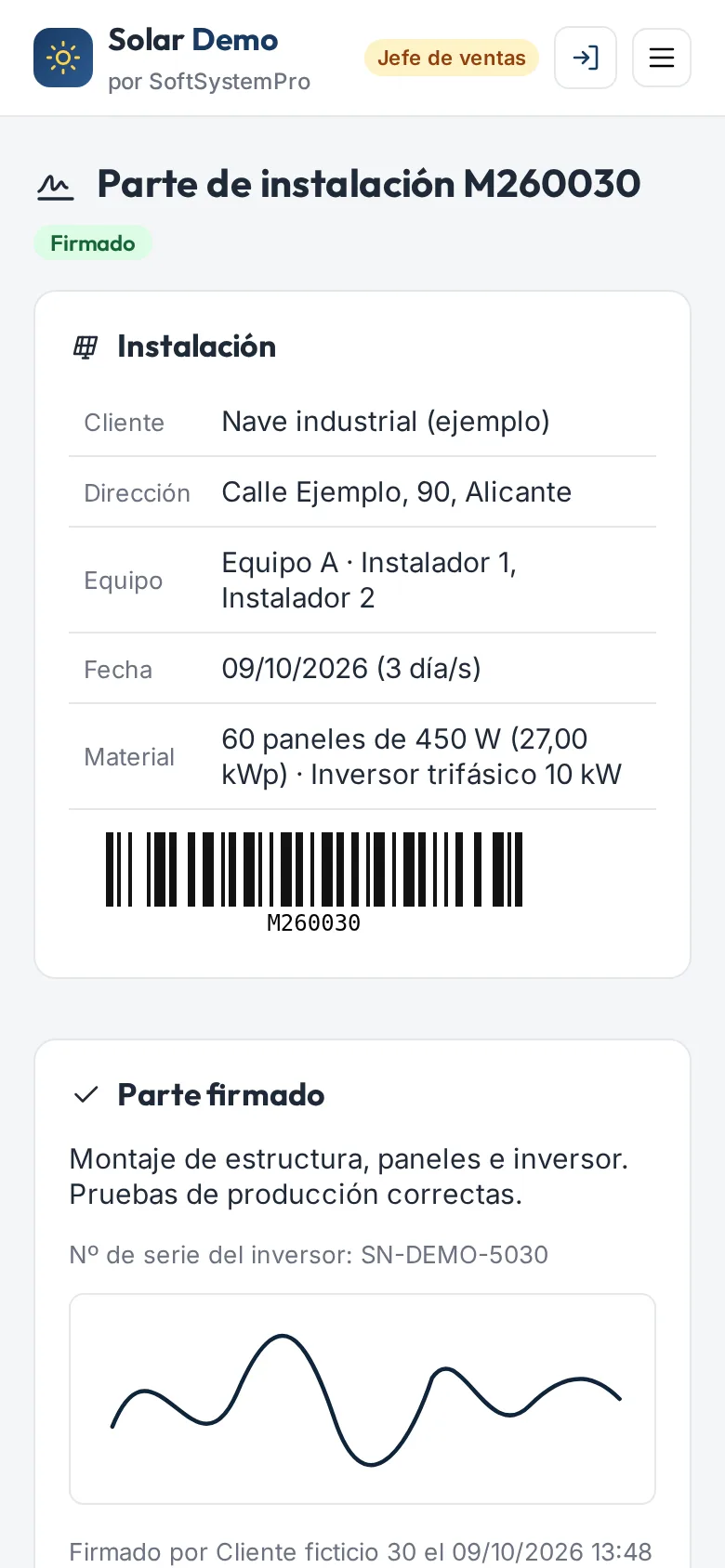 Parte de instalación firmado en el móvil